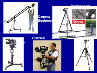Jib
Dolly
Tripod
Tracking system
Steadycam
Camera
Equipment
 