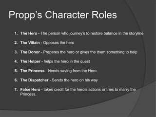 Propp’s Character Roles
1. The Hero - The person who journey’s to restore balance in the storyline
2. The Villain - Opposes the hero
3. The Donor - Prepares the hero or gives the them something to help
4. The Helper - helps the hero in the quest
5. The Princess - Needs saving from the Hero
6. The Dispatcher - Sends the hero on his way
7. False Hero - takes credit for the hero’s actions or tries to marry the
Princess.

 