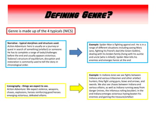 Defining Genre?
 Genre is made up of the 4 typicals (NICS)

Narrative - typical storylines and structure used.
           ...