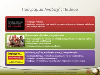 Πρόγραμμα Αναδοχισ Παιδιοφ

  • Αναδοχι ≠ Τιοκεςία
  • Αναδοχι = υποςτιριξθ ενόσ παιδιοφ, τθσ οικογζνειάσ του και όλων των ανκρϊπων
    ςτθν περιοχι όπου ηει.



  Προςωπικόσ φάκελοσ πλθροφοριϊν
  • Μία φωτογραφία του παιδιοφ και πλθροφορίεσ για τθν ηωι του (θλικία, τρόποσ
    ηωισ , κατοικία, προβλιματα).
  • Κοινότθτα και χϊρα διαμονισ.
  • Λειτουργία του προγράμματοσ αναδοχισ.


  Μζςω τθσ ςχζςθσ Αναδοχισ παρζχεται θ ευκαιρία:
  • Άμεςθσ ςφνδεςθσ με ζνα παιδί και ενθμζρωςθσ για τθν κοινότθτά του.
  • Επίςκεψθσ του παιδιοφ ςτθ χϊρα του.
  • Επαφισ με τον τρόπο ηωισ των ανκρϊπων ςτισ αναπτυςςόμενεσ χϊρεσ.




UNESCO Chair ICT in Education for Sustainable Development
 