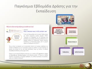 Παγκόςμια Εβδομάδα Δράςθσ για τθν
           Εκπαίδευςθ



                                           Προωκεί τθν
                                          εκπαίδευςθ ωσ              Κινθτοποίθςθ
                                         βαςικό ανκρϊπινο            κοινισ γνϊμθσ
                                             δικαίωμα




                                                                Άςκθςθ πίεςθσ ςε




                                                       Κυβερνιςεισ              Διεκνι Κοινότθτα




   UNESCO Chair ICT in Education for Sustainable Development
 