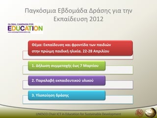 Παγκόςμια Εβδομάδα Δράςθσ για τθν
        Εκπαίδευςθ 2012


  Θζμα: Εκπαίδευςθ και φροντίδα των παιδιϊν
  ςτθν πρϊιμθ παιδικι θλικία. 22-28 Απριλίου


  1. Διλωςθ ςυμμετοχισ ζωσ 7 Μαρτίου


  2. Παραλαβι εκπαιδευτικοφ υλικοφ


  3. Τλοποίθςθ δράςθσ



    UNESCO Chair ICT in Education for Sustainable Development
 