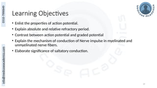 29
Learning Objectives
• Enlist the properties of action potential.
• Explain absolute and relative refractory period.
• Contrast between action potential and graded potential
• Explain the mechanism of conduction of Nerve impulse in myelinated and
unmyelinated nerve fibers.
• Elaborate significance of saltatory conduction.
 