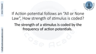 If Action potential follows an “All or None
Law”, How strength of stimulus is coded?
The strength of a stimulus is coded by the
frequency of action potentials.
 