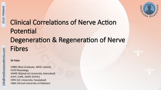 Clinical Correlations of Nerve Action
Potential
Degeneration & Regeneration of Nerve
Fibres
Dr Faiza
MBBS (Best Graduate, AIMC Lahore)
FCPS Physiology,
MHPE (Riphah Int University, Islamabad)
ICMT, CHPE, DHPE (STMU)
MPH (GC University, Faisalabad)
MBA (Virtual University of Pakistan)
 