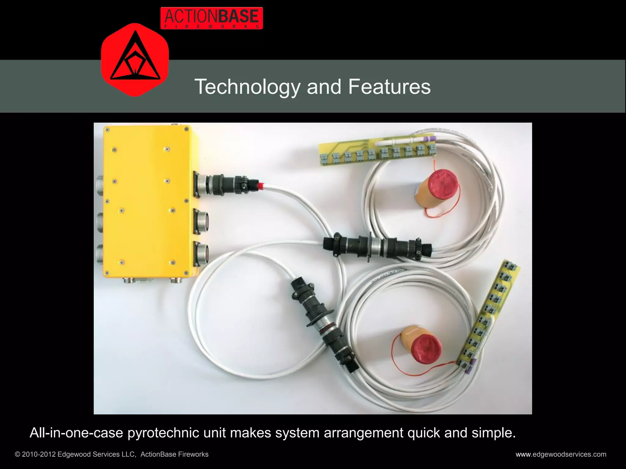 Technology and Features




    All-in-one-case pyrotechnic unit makes system arrangement quick and simple.
© 2010-2012 Edgewood Services LLC, ActionBase Fireworks                       www.edgewoodservices.com
 