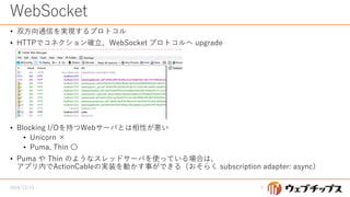 WebSocket
• 双方向通信を実現するプロトコル
• HTTPでコネクション確立、WebSocket プロトコルへ upgrade
• Blocking I/Oを持つWebサーバとは相性が悪い
• Unicorn ×
• Puma, Thin 〇
• Puma や Thin のようなスレッドサーバを使っている場合は、
アプリ内でActionCableの実装を動かす事ができる（おそらく subscription adapter: async）
2016/12/13 3
 