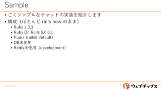 Sample
• ごくシンプルなチャットの実装を紹介します
• 構成（ほとんど rails new のまま）
• Ruby 2.3.3
• Ruby On Rails 5.0.0.1
• Puma (rails5 default)
• DB未使用
• Redis未使用（development）
2016/12/13 4
 