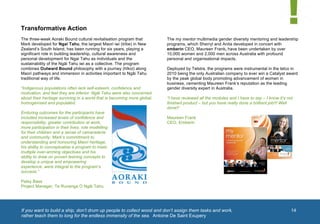  


       Transformative Action
       The three-week Aoraki Bound cultural revitalisation program that          The my mentor multimedia gender diversity mentoring and leadership
       Mark developed for Ngai Tahu, the largest Maori iwi (tribe) in New        programs, which Sherryl and Anita developed in concert with
       Zealand’s South Island, has been running for six years, playing a         emberin CEO, Maureen Frank, have been undertaken by over
       significant role in building leadership, cultural awareness and           10,000 women and 2,000 men across Australia with profound
       personal development for Ngai Tahu as individuals and the                 personal and organisational impacts.
       sustainability of the Ngāi Tahu iwi as a collective. The program
       combines Outward Bound philosophy with a journey (hīkoi) along            Deployed by Telstra, the programs were instrumental in the telco in
       Maori pathways and immersion in activities important to Ngāi Tahu         2010 being the only Australian company to ever win a Catalyst award
       traditional way of life.                                                  by the peak global body promoting advancement of women in
                                                                                 business, cementing Maureen Frank’s reputation as the leading
       “Indigenous populations often lack self-esteem, confidence and            gender diversity expert in Australia.
       motivation, and feel they are inferior. Ngāi Tahu were also concerned
       about their heritage surviving in a world that is becoming more global,   “I have reviewed all the modules and I have to say – I know it’s not
       homogenised and populated.                                                finished product – but you have really done a brilliant job!!! Well
                                                                                 done!!’
       Enduring outcomes for the participants have
       included increased levels of confidence and                               Maureen Frank
       responsibility, greater contribution at work,                             CEO, Emberin
       more participation in their lives, role modelling
       for their children and a sense of camaraderie
       and community. Mark’s commitment to
       understanding and honouring Maori heritage,
       his ability to conceptualise a program to meet
       multiple over-arching objectives and his
       ability to draw on proven leaning concepts to
       develop a unique and empowering
       experience, were integral to the program’s
       success.”

       Patsy Bass                                                                                                                              1	
  
       Project Manager, Te Runanga O Ngāi Tahu




       	
  If you want to build a ship, don’t drum up people to collect wood and don’t assign them tasks and work,                                     14
        rather teach them to long for the endless immensity of the sea. Antoine De Saint Exupery
	
  
 