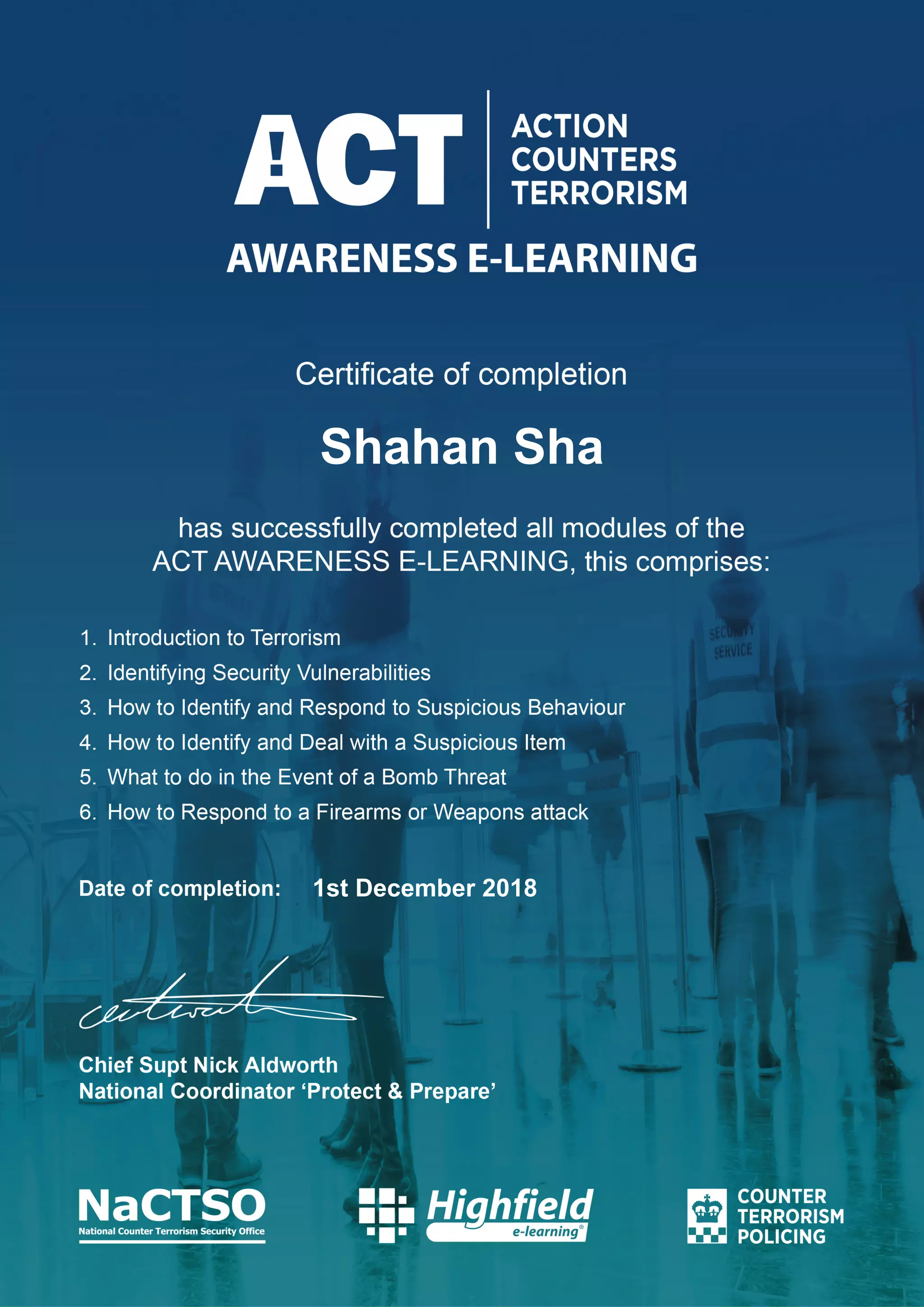 Action Counter Terrorism (ACT) Certificate 01.12.2018