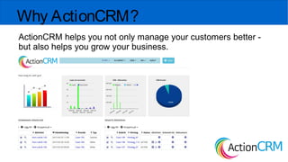 “Customer relationship management (CRM) is a system for
managing a company's interactions with current and future
customers. It often involves using technology to organize,
automate, and synchronize sales, marketing, customer service,
and technical support.”---Wikipedia
Customer Relationship Management
Actioncrm.se
 