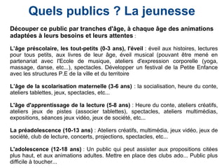 Quels publics ? La jeunesse
Découper ce public par tranches d'âge, à chaque âge des animations
adaptées à leurs besoins et leurs attentes :
L’âge préscolaire, les tout-petits (0-3 ans), l'éveil : éveil aux histoires, lectures
pour tous petits, aux livres de leur âge, éveil musical (pouvant être mené en
partenariat avec l'Ecole de musique, ateliers d'expression corporelle (yoga,
massage, danse, etc...), spectacles. Développer un festival de la Petite Enfance
avec les structures P.E de la ville et du territoire
L’âge de la scolarisation maternelle (3-6 ans) : la socialisation, heure du conte,
ateliers tablettes, jeux, spectacles, etc...
L'âge d'apprentissage de la lecture (5-8 ans) : Heure du conte, ateliers créatifs,
ateliers jeux de pistes (associer tablettes), spectacles, ateliers multimédias,
expositions, séances jeux vidéo, jeux de société, etc...
La préadolescence (10-13 ans) : Ateliers créatifs, multimédia, jeux vidéo, jeux de
société, club de lecture, concerts, projections, spectacles, etc...
L'adolescence (12-18 ans) : Un public qui peut assister aux propositions citées
plus haut, et aux animations adultes. Mettre en place des clubs ado... Public plus
difficile à toucher...
 