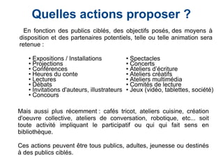 Quelles actions proposer ?
En fonction des publics ciblés, des objectifs posés, des moyens à
disposition et des partenaires potentiels, telle ou telle animation sera
retenue :
 Expositions / Installations
 Projections
 Conférences
 Heures du conte
 Lectures
 Débats
 Invitations d'auteurs, illustrateurs
 Concours
 Spectacles
 Concerts
 Ateliers d’écriture
 Ateliers créatifs
 Ateliers multimédia
 Comités de lecture
 Jeux (vidéo, tablettes, société)
Mais aussi plus récemment : cafés tricot, ateliers cuisine, création
d'oeuvre collective, ateliers de conversation, robotique, etc... soit
toute activité impliquant le participatif ou qui qui fait sens en
bibliothèque.
Ces actions peuvent être tous publics, adultes, jeunesse ou destinés
à des publics ciblés.
 
