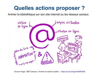 Animer la bibliothèque sur son site internet ou les réseaux sociaux.
Quelles actions proposer ?
Source image : BSF Campus « Animer en section adulte » : https://youtu.be/gUm6ptRw8Zk
 