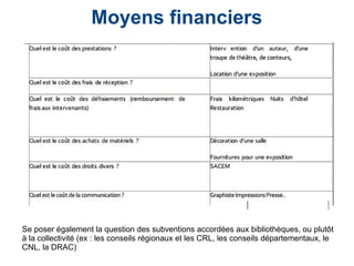 Moyens financiers
Se poser également la question des subventions accordées aux bibliothèques, ou plutôt
à la collectivité (ex : les conseils régionaux et les CRL, les conseils départementaux, le
CNL, la DRAC)
 