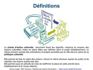 La charte d'action culturelle : document fixant les objectifs, missions et moyens des
actions culturelles mises en place telles que définies dans le projet d'établissement, lui
même prenant compte des orientations et projets souhaités par la ville dans le cadre de sa
politique culturelle.
Elle permet de fixer le cadre des actions, d'avoir le même discours auprès du public et de
valoriser ces actions auprès des élus
Elle permet aussi en période de crise de réaffirmer la place de cette activité dans
l'établissement et le niveau attendu.
Définitions
Source image : BSF Campus « Planifier des actions d'animation » : https://youtu.be/9wYSL0LvDu0
 