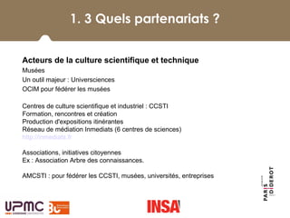 1. 3 Quels partenariats ?
 
Acteurs de la culture scientifique et technique
Musées
Un outil majeur : Universciences
OCIM pour fédérer les musées
Centres de culture scientifique et industriel : CCSTI
Formation, rencontres et création
Production d'expositions itinérantes
Réseau de médiation Inmediats (6 centres de sciences)
http://inmediats.fr 
Associations, initiatives citoyennes
Ex : Association Arbre des connaissances.
AMCSTI : pour fédérer les CCSTI, musées, universités, entreprises
 