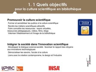 1. 1 Quels objectifs
pour la culture scientifique en bibliothèque
 
Promouvoir la culture scientifique
-Former et sensibiliser les publics à la culture scientifique
-Rendre les métiers scientifiques attractifs
-Faire connaître les ressources : expos virtuelles, 
ressources pédagogiques, vidéos, films, blogs
-Valoriser l'établissement et l'image de la bibliothèque
Intégrer la société dans l'innovation scientifique
-Développer le dialogue science-société : favoriser le rapport des citoyens 
aux innovations technologiques
-Démocratiser les savoirs, l'accès à la culture
-Liens avec la création contemporaine, le design et l'industrie
 