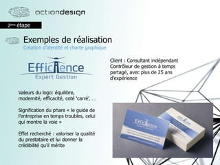 2ème étape
Exemples de réalisation
Création d’identité et charte graphique
Valeurs du logo: équilibre,
modernité, efficacité, coté ‘carré’, …
Signification du phare « le guide de
l’entreprise en temps troubles, celui
qui montre la voie »
Effet recherché : valoriser la qualité
du prestataire et lui donner la
crédibilité qu’il mérite
Client : Consultant indépendant
Contrôleur de gestion à temps
partagé, avec plus de 25 ans
d’expérience
 