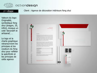 2ème étape
Valeurs du logo:
Originalité,
symbolique feng
shui (dragon, 3S,
infini), évoque un
coté ‘decoratif et
artisanal’, …
Le logo et la
charte graphique
retranscrivent les
principes et les
couleurs du feng
shui pour refléter
la spécificité et
les principes de
cette agence
Client : Agence de décoration intérieure feng shui
 