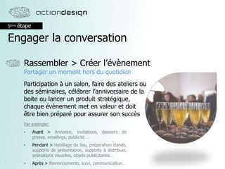 5ème étape
Engager la conversation
Rassembler > Créer l’évènement
Partager un moment hors du quotidien
Participation à un salon, faire des ateliers ou
des séminaires, célébrer l’anniversaire de la
boite ou lancer un produit stratégique,
chaque évènement met en valeur et doit
être bien préparé pour assurer son succès
Par exemple:
- Avant > Annonce, invitations, dossiers de
presse, emailings, publicité …
- Pendant > Habillage du lieu, préparation stands,
supports de présentation, supports à distribuer,
animations visuelles, objets publicitaires…
- Après > Remerciements, suivi, communication…
 
