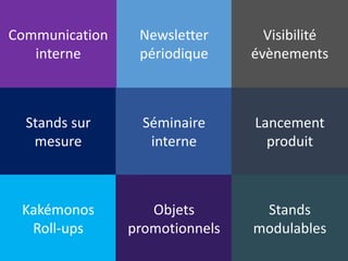 5ème étape Newsletter
périodique
Communication
interne
Visibilité
évènements
Stands sur
mesure
Séminaire
interne
Lancement
produit
Kakémonos
Roll-ups
Objets
promotionnels
Stands
modulables
 
