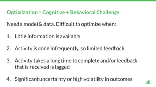 Need a model & data. Difficult to optimize when:
1. Little information is available
2. Activity is done infrequently, so limited feedback
3. Activity takes a long time to complete and/or feedback
that is received is lagged
4. Significant uncertainty or high volatility in outcomes
Optimization = Cognitive + Behavioral Challenge
 