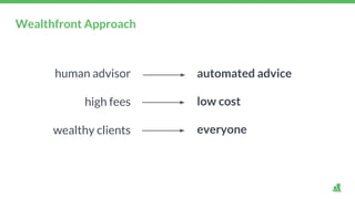 Wealthfront Approach
automated advice
low cost
everyone
human advisor
high fees
wealthy clients
 