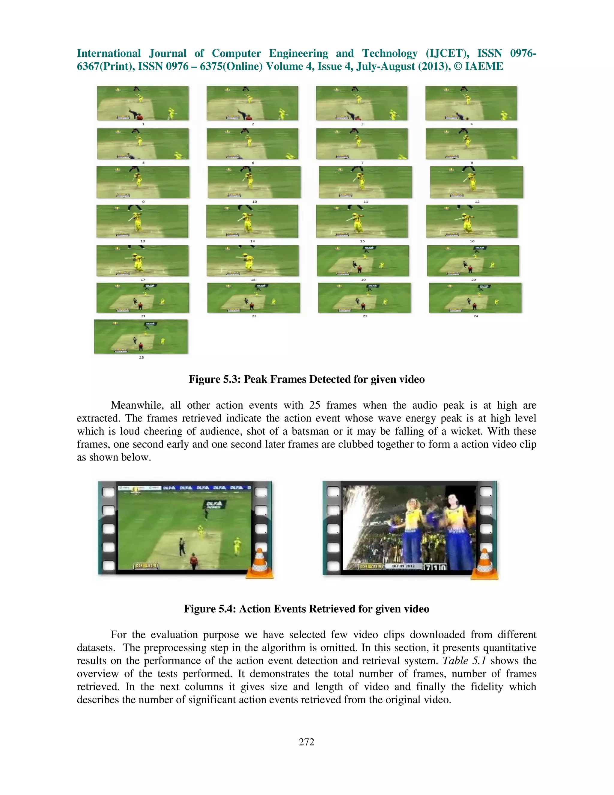 International Journal of Computer Engineering and Technology (IJCET), ISSN 0976-
6367(Print), ISSN 0976 – 6375(Online) Volume 4, Issue 4, July-August (2013), © IAEME
272
Figure 5.3: Peak Frames Detected for given video
Meanwhile, all other action events with 25 frames when the audio peak is at high are
extracted. The frames retrieved indicate the action event whose wave energy peak is at high level
which is loud cheering of audience, shot of a batsman or it may be falling of a wicket. With these
frames, one second early and one second later frames are clubbed together to form a action video clip
as shown below.
Figure 5.4: Action Events Retrieved for given video
For the evaluation purpose we have selected few video clips downloaded from different
datasets. The preprocessing step in the algorithm is omitted. In this section, it presents quantitative
results on the performance of the action event detection and retrieval system. Table 5.1 shows the
overview of the tests performed. It demonstrates the total number of frames, number of frames
retrieved. In the next columns it gives size and length of video and finally the fidelity which
describes the number of significant action events retrieved from the original video.
 