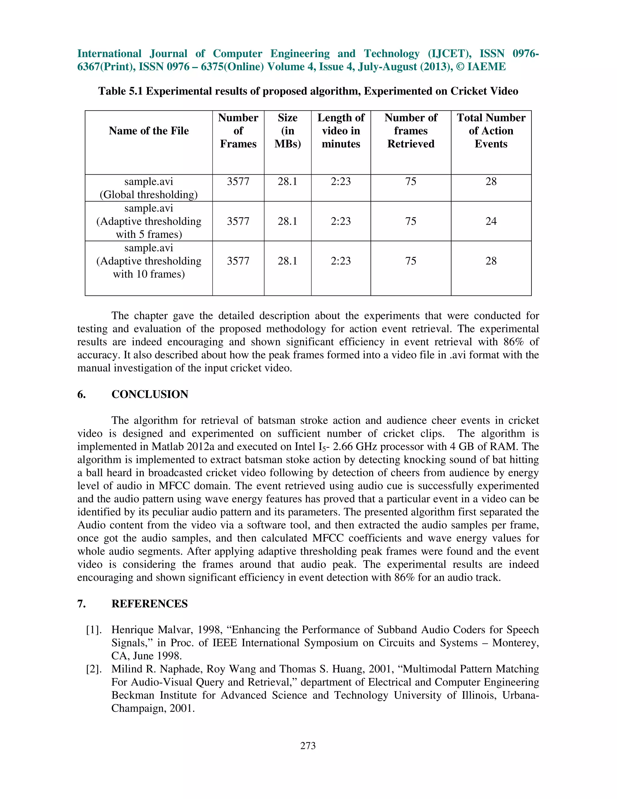 International Journal of Computer Engineering and Technology (IJCET), ISSN 0976-
6367(Print), ISSN 0976 – 6375(Online) Volume 4, Issue 4, July-August (2013), © IAEME
273
Table 5.1 Experimental results of proposed algorithm, Experimented on Cricket Video
Name of the File
Number
of
Frames
Size
(in
MBs)
Length of
video in
minutes
Number of
frames
Retrieved
Total Number
of Action
Events
sample.avi
(Global thresholding)
3577 28.1 2:23 75 28
sample.avi
(Adaptive thresholding
with 5 frames)
3577 28.1 2:23 75 24
sample.avi
(Adaptive thresholding
with 10 frames)
3577 28.1 2:23 75 28
The chapter gave the detailed description about the experiments that were conducted for
testing and evaluation of the proposed methodology for action event retrieval. The experimental
results are indeed encouraging and shown significant efficiency in event retrieval with 86% of
accuracy. It also described about how the peak frames formed into a video file in .avi format with the
manual investigation of the input cricket video.
6. CONCLUSION
The algorithm for retrieval of batsman stroke action and audience cheer events in cricket
video is designed and experimented on sufficient number of cricket clips. The algorithm is
implemented in Matlab 2012a and executed on Intel I5- 2.66 GHz processor with 4 GB of RAM. The
algorithm is implemented to extract batsman stoke action by detecting knocking sound of bat hitting
a ball heard in broadcasted cricket video following by detection of cheers from audience by energy
level of audio in MFCC domain. The event retrieved using audio cue is successfully experimented
and the audio pattern using wave energy features has proved that a particular event in a video can be
identified by its peculiar audio pattern and its parameters. The presented algorithm first separated the
Audio content from the video via a software tool, and then extracted the audio samples per frame,
once got the audio samples, and then calculated MFCC coefficients and wave energy values for
whole audio segments. After applying adaptive thresholding peak frames were found and the event
video is considering the frames around that audio peak. The experimental results are indeed
encouraging and shown significant efficiency in event detection with 86% for an audio track.
7. REFERENCES
[1]. Henrique Malvar, 1998, “Enhancing the Performance of Subband Audio Coders for Speech
Signals,” in Proc. of IEEE International Symposium on Circuits and Systems – Monterey,
CA, June 1998.
[2]. Milind R. Naphade, Roy Wang and Thomas S. Huang, 2001, “Multimodal Pattern Matching
For Audio-Visual Query and Retrieval,” department of Electrical and Computer Engineering
Beckman Institute for Advanced Science and Technology University of Illinois, Urbana-
Champaign, 2001.
 