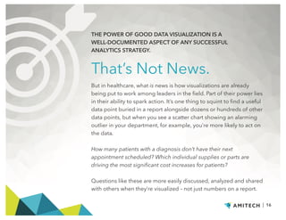 | 16
That’s Not News.
THE POWER OF GOOD DATA VISUALIZATION IS A
WELL-DOCUMENTED ASPECT OF ANY SUCCESSFUL
ANALYTICS STRATEGY.
But in healthcare, what is news is how visualizations are already
being put to work among leaders in the field. Part of their power lies
in their ability to spark action. It’s one thing to squint to find a useful
data point buried in a report alongside dozens or hundreds of other
data points, but when you see a scatter chart showing an alarming
outlier in your department, for example, you’re more likely to act on
the data.
How many patients with a diagnosis don’t have their next
appointment scheduled? Which individual supplies or parts are
driving the most significant cost increases for patients?
Questions like these are more easily discussed, analyzed and shared
with others when they’re visualized – not just numbers on a report.
 