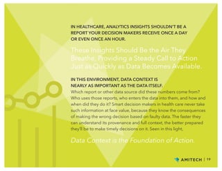 | 19
These Insights Should Be the Air They
Breathe, Providing a Steady Call to Action
Just as Quickly as Data Becomes Available.
IN HEALTHCARE, ANALYTICS INSIGHTS SHOULDN’T BE A
REPORT YOUR DECISION MAKERS RECEIVE ONCE A DAY
OR EVEN ONCE AN HOUR.
IN THIS ENVIRONMENT, DATA CONTEXT IS
NEARLY AS IMPORTANT AS THE DATA ITSELF.
Which report or other data source did these numbers come from?
Who uses those reports, who enters the data into them, and how and
when did they do it? Smart decision makers in health care never take
such information at face value, because they know the consequences
of making the wrong decision based on faulty data. The faster they
can understand its provenance and full context, the better prepared
they’ll be to make timely decisions on it. Seen in this light,
Data Context is the Foundation of Action.
 