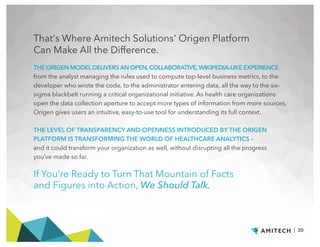 THE ORIGEN MODELDELIVERSAN OPEN,COLLABORATIVE,WIKIPEDIA-LIKE EXPERIENCE
from the analyst managing the rules used to compute top-level business metrics, to the
developer who wrote the code, to the administrator entering data, all the way to the six-
sigma blackbelt running a critical organizational initiative. As health care organizations
open the data collection aperture to accept more types of information from more sources,
Origen gives users an intuitive, easy-to-use tool for understanding its full context.
THE LEVEL OF TRANSPARENCY AND OPENNESS INTRODUCED BY THE ORIGEN
PLATFORM IS TRANSFORMING THE WORLD OF HEALTHCARE ANALYTICS –
and it could transform your organization as well, without disrupting all the progress
you’ve made so far.
If You’re Ready to Turn That Mountain of Facts
and Figures into Action, We Should Talk.
| 20
That's Where Amitech Solutions' Origen Platform
Can Make All the Difference.
 