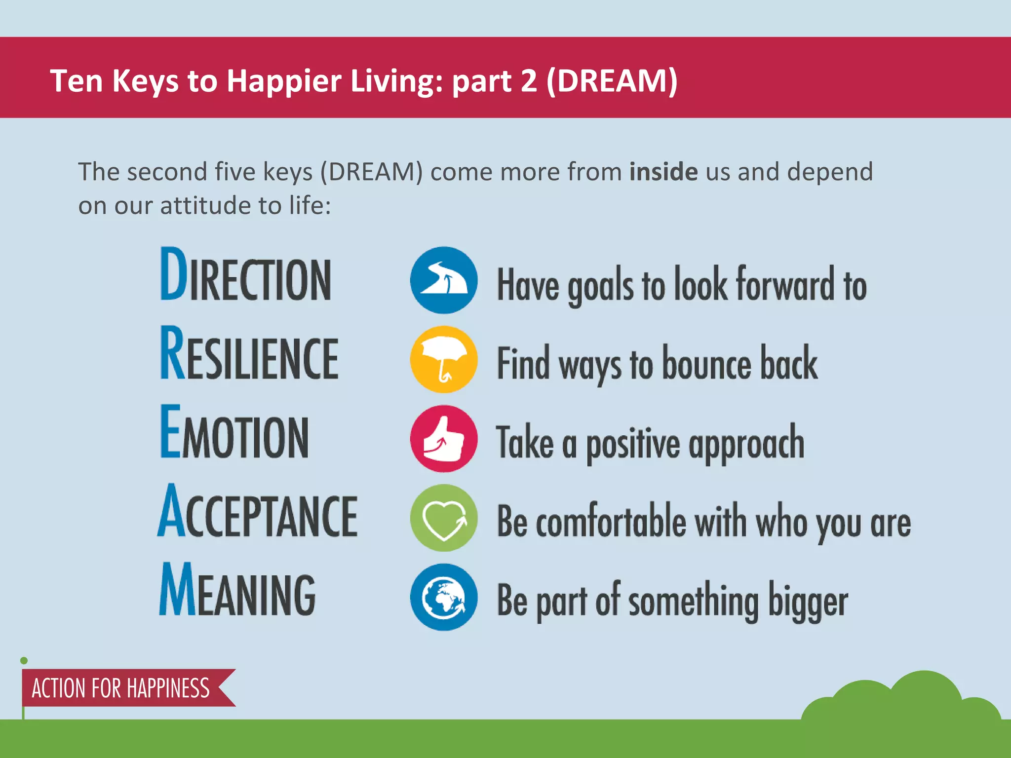 The second five keys (DREAM) come more from  inside  us and depend on our attitude to life: Ten Keys to Happier Living: part 2 (DREAM) 