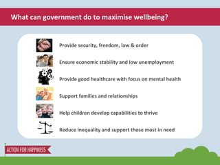 What can government do to maximise wellbeing? Provide security, freedom, law & order Ensure economic stability and low une...