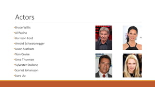Actors
•Bruce Willis
•Al Pacino
•Harrison Ford
•Arnold Schwarznegger
•Jason Statham
•Tom Cruise
•Uma Thurman
•Sylvester Stallone
•Scarlet Johansson
•Lucy Liu
 