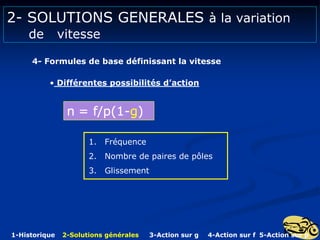 2- SOLUTIONS GENERALES à la variation
de vitesse
4- Formules de base définissant la vitesse
• Différentes possibilités d’action
n = f/p(1-g)
1. Fréquence
2. Nombre de paires de pôles
3. Glissement
1-Historique 2-Solutions générales 3-Action sur g 4-Action sur f 5-Action sur p
n = f/p(1-g)
n = f/p(1-g)
n = f/p(1-g)
 