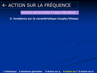 4- ACTION SUR LA FRÉQUENCE
MOTEUR ASYNCHRONE Á CAGE D’ÉCUREUIL
2- Incidence sur la caractéristique Couple/Vitesse
1-Historique 2-Solutions générales 3-Action sur g 4-Action sur f 5-Action sur p
 