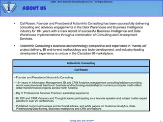 Act                                    ©2004 - 2012, ActionInfo Consulting Services Inc. – All Rights Reserved



        i           About Us
             e
Ac




               z
            aly
qu
  ire


        An




              •    Cal Rosen, Founder and President of ActionInfo Consulting has been successfully delivering
                   consulting and advisory engagements in the Data Warehouse and Business Intelligence
                   industry for 19+ years with a track record of successful Business Intelligence and Data
                   Warehouse implementations through a combination of Consulting and Development
                   Services.

              •    ActionInfo Consulting„s business and technology perspective and experience in “hands-on”
                   project delivery, BI end-to-end methodology and tools development, and industry-leading
                   development experience is unique in the Canadian BI marketplace.


                                                              ActionInfo Consulting

                                                                       Cal Rosen

              • Founder and President of ActionInfo Consulting
              • 19+ years in Information Management, BI and CRM Analytics management consulting/advisory providing
                senior executive level „hands-on‟ business and technology leadership for numerous complex multi-million
                dollar transformation projects across North America
              • Big „5‟ Professional Services Practice Leadership experience
              • BI, DW and CRM Visionary and Thought Leader participating as a keynote speaker and subject matter expert
                panelist in over 20 conferences
              • Published numerous business and technical articles, and white papers on Customer Analytics, Data
                Warehousing/Data Mining, Business Intelligence and CRM architecture



                                                                 Turning Data Into ActionSM                                9
 