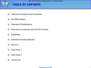 Act                                 ©2004 - 2012, ActionInfo Consulting Services Inc. – All Rights Reserved



        i           Table of Contents
             e
Ac




               z
            aly
qu
  ire


        An




                  ActionInfo Consulting Value Proposition

                  Key Differentiators

                  Statement of Qualifications

                  Field-proven Accelerator and Tool Kit Summary

                  Capabilities

                  ActionInfo Consulting Benefits

                  About Us

                  Case Study 1

                  Case Study 2

                  Contact Info



                                                              Turning Data Into ActionSM                           2
 