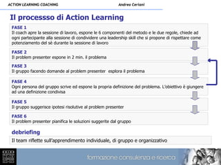ACTION LEARNING COACHING                                  Andrea Ceriani


Il processso di Action Learning
 FASE 1
 Il coach apre la sessione di lavoro, espone le 6 componenti del metodo e le due regole, chiede ad
 ogni partecipante alla sessione di condividere una leadership skill che si propone di rispettare come
 potenziamento del sè durante la sessione di lavoro

 FASE 2
 Il problem presenter espone in 2 min. il problema

 FASE 3
 Il gruppo facendo domande al problem presenter esplora il problema

 FASE 4
 Ogni persona del gruppo scrive ed espone la propria definizione del problema. L’obiettivo è giungere
 ad una definizione condivisa

 FASE 5
 Il gruppo suggerisce ipotesi risolutive al problem presenter

 FASE 6
 Il problem presenter pianifica le soluzioni suggerite dal gruppo

 debriefing
 Il team riflette sull’apprendimento individuale, di gruppo e organizzativo
 