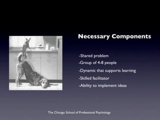 Necessary Components


                      -Shared problem
                      -Group of 4-8 people
                      -Dynamic that supports learning
                      -Skilled facilitator
                      -Ability to implement ideas




The Chicago School of Professional Psychology
 
