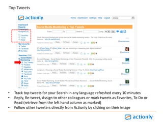 Once you submit searches, Actionly immediately retrieves data for Twitter, Facebook but we recommend waiting for a few hours for all other channels and graphs to populate Click on Searches and view data across Social NetworksClick on the Search and view the mini-dashboard for that particular search 