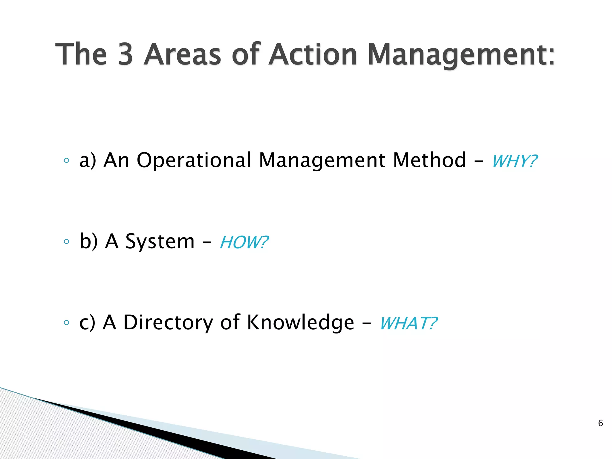 ◦ a) An Operational Management Method – WHY?
◦ b) A System – HOW?
◦ c) A Directory of Knowledge – WHAT?
The 3 Areas of Action Management:
6
 