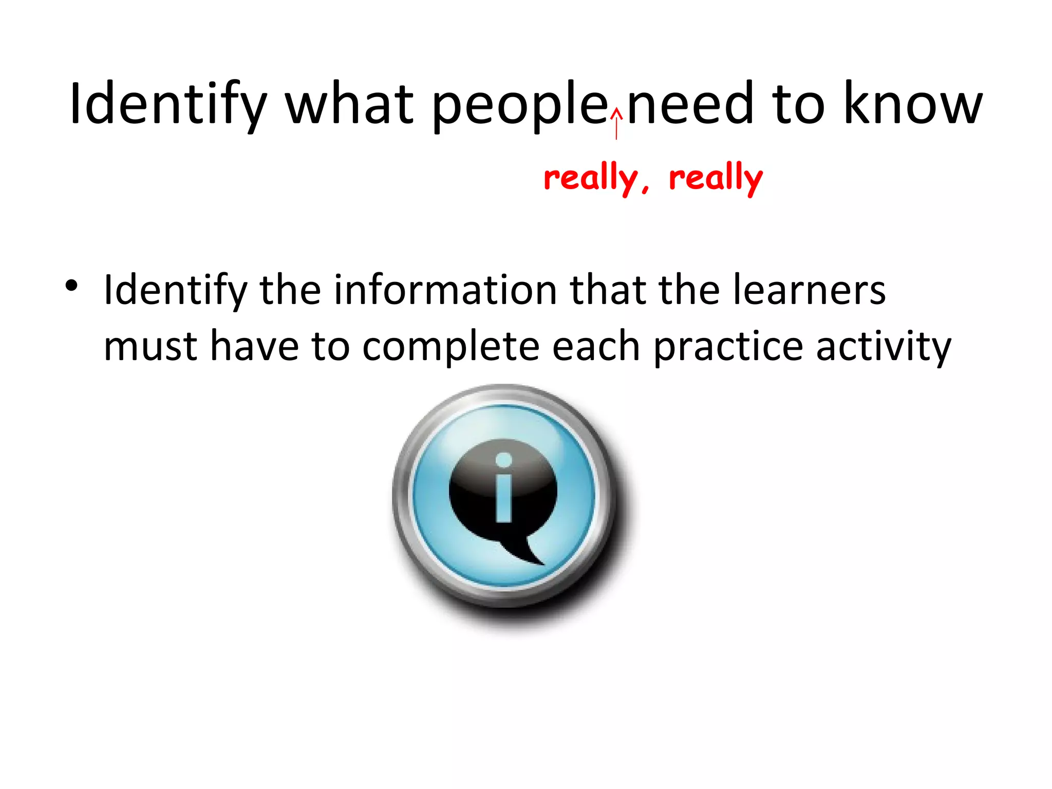 Identify what people need to know Identify the information that the learners must have to complete each practice activity really, really 