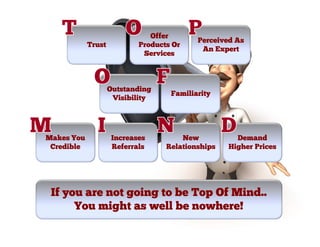 Offer
                                           Perceived As
            Trust           Products Or
                                            An Expert
                             Services



                    Outstanding
                                    Familiarity
                     Visibility




Makes You            Increases         New           Demand
 Credible            Referrals     Relationships   Higher Prices




 If you are not going to be Top Of Mind..
      You might as well be nowhere!
 