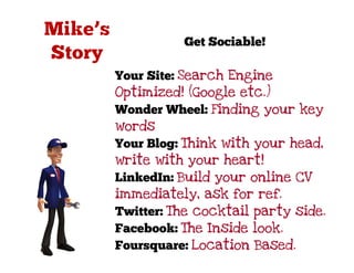 Get Sociable!

Your Site: Search Engine
Optimized! (Google etc.)
Wonder Wheel: Finding your key
words
Your Blog: Think with your head,
write with your heart!
LinkedIn: Build your online CV
immediately, ask for ref.
Twitter: The cocktail party side.
Facebook: The Inside look.
Foursquare: Location Based.
 