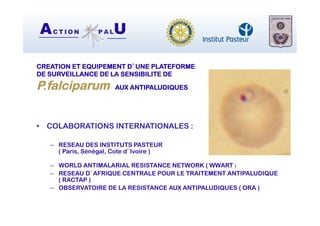 AC T I O N P A LU
CREATION ET EQUIPEMENT D’UNE PLATEFORME
DE SURVEILLANCE DE LA SENSIBILITE DE
P.falciparum AUX ANTIPALUDIQUES
•  COLABORATIONS INTERNATIONALES :
–  RESEAU DES INSTITUTS PASTEUR
( Paris, Sénégal, Cote d’Ivoire )
–  WORLD ANTIMALARIAL RESISTANCE NETWORK ( WWART )
–  RESEAU D’AFRIQUE CENTRALE POUR LE TRAITEMENT ANTIPALUDIQUE
( RACTAP )
–  OBSERVATOIRE DE LA RESISTANCE AUX ANTIPALUDIQUES ( ORA )
 