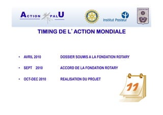 AC T I O N P A LU
TIMING DE L’ACTION MONDIALE
•  AVRIL 2010 DOSSIER SOUMIS A LA FONDATION ROTARY
•  SEPT 2010 ACCORD DE LA FONDATION ROTARY
•  OCT-DEC 2010 REALISATION DU PROJET
 