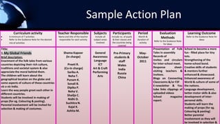 Sample Action Plan
             Curriculum activity                      Teacher Responsible             Subjects        Participants            Period             Evaluation                Learning Outcome
         A minimum of 7 activities                    Name and title of the teacher    Include all    Include no. of pupils    Month &            Methods                 Refer to the Guidance Note for
         Refer to the Guidance Note for the desired   responsible for each activity   subject areas    & their classes and    duration of                                              ideas
                                                                                                                                            Refer to the Guidance Note
         mix of activities                                                              involved       the countries being      activity
                                                                                                                                                      for ideas
                                                                                                             covered
Title:                                                                                                                                      Presentation of Folk         School to become a more
1.My Global Friends                                       Shama Kapoor                  General        Pre-Primary             May-         Tales in assembly            fun - filled place for tiny
Brief description:                                          (In charge)               Awareness        students &             October       Records of                   tots.
Enactment of the folk tales from various                                               Language            staff               2011         invites and circulars        Strengthening of the
countries depicting their rich culture,                      Preeti R.                    ICT                                               for Inter-school meet.       home-school bond.
                                                                                                          Wales
traditions and societal system & also                      (Co-In charge)             Art & Craft                                           Response         sheet-      Creative skills of students
                                                                                                           India                            visiting teachers &          & mentors further
appreciate the moral behind them.                            Sarika A.                Performing          Russia                            invitees.                    enhanced & showcased.
The children will learn about the                             Neha T.                    Arts             China                             Blogs on Connecting          Enhanced awareness of
geographical location on the globe and                       Punam K.
some aspects of culture of these countries                                                                                                  Classrooms &/or F2F          World & culture of some of
                                                             Sonali B.
viz a viz India.                                                                                                                            E-newsletter & You           the nations.
                                                             Dipika P.
Learn the way people greet each other in                                                                                                    tube links clippings of      Language development,
                                                              Neha V.                                                                       uploaded videos              better motor skills & also
different countries.                                         Shailja C.
Students will be involved in making of                                                                                                      School        magazine       development of inter-
                                                              Nidhi D.                                                                      report.                      personal skills.
props (for eg. Colouring & pasting).
                                                            Suchitra N.                                                                                                  Students will learn the
Parental involvement will be invited for
                                                              Kajal K.                                                                                                   making of props (for eg.
selection & making of costumes.
                                                             Ashita M.                                                                                                   Colouring & pasting)
                                                                                                                                                                         Better parental
                                                                                                                                                                         involvement as they will
                                                                                                                                                                         be involved in selection &
 